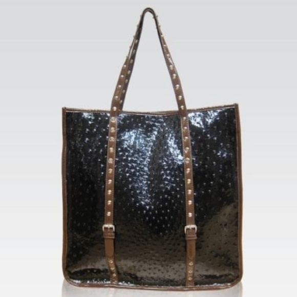 Galian Ostrich Print Bag Studded Black HAndbag - Picture 1 of 3